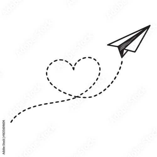 Paper plane with heart shaped dotted line. transparent png and vector illustration.