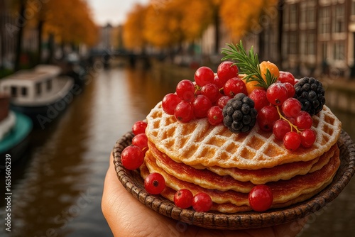 Enjoying freshly made waffles with fruits by the scenic canal in autumn