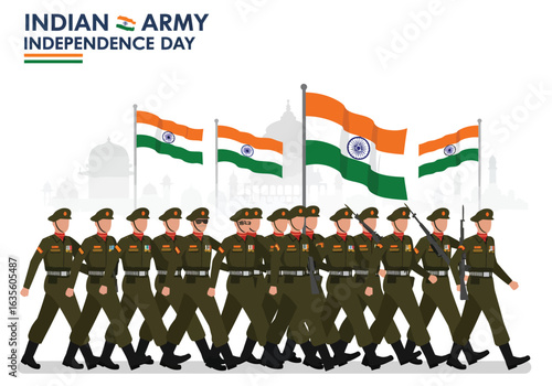 Indian Army soldiers marching in formation with rifles and Indian flags during a parade.