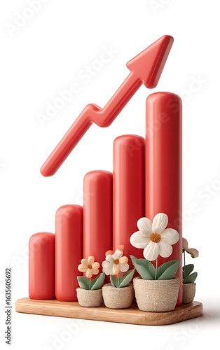 3D Render of Red Growth Chart with White Flowers