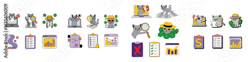 Cartoon Cats Conducting Business Analysis and Working with Data on Laptops and Clipboards Illustration