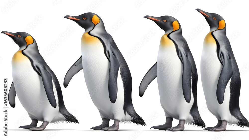 Fototapeta premium Three emperor penguins walking on snowy white background antarctic wildlife and arctic bird photography