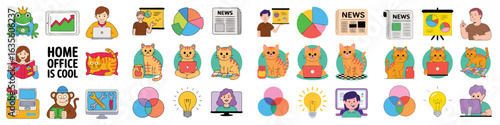 Cartoon Elements Featuring People, Cats, News, Business Charts, Lightbulbs and Home Office Concepts