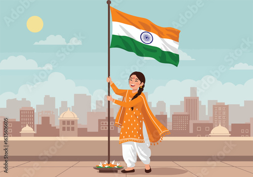 Indian Girl Holding Flag in Traditional Dress Celebrating National Day.