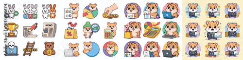 Cartoon Icons Illustrating Business Concepts, Finance, Teamwork, Success, and Risks with Rabbits, Hamsters, and Objects