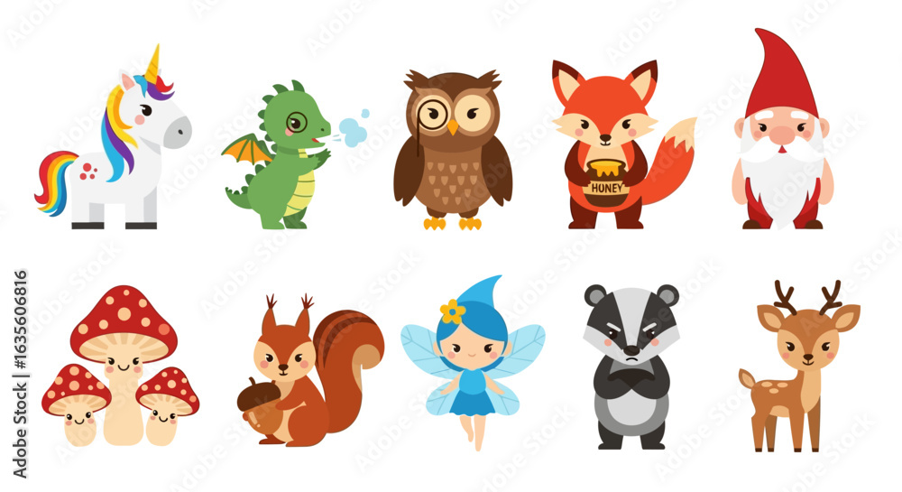Fototapeta premium Cartoon Animals with Cute, Fantasy, Characters, and Set.
