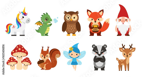 Cartoon Animals with Cute, Fantasy, Characters, and Set.