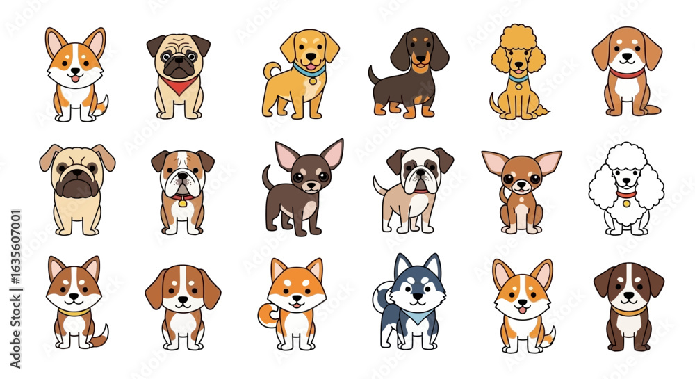 Obraz premium Dog breeds with Pets, and cartoon vector.