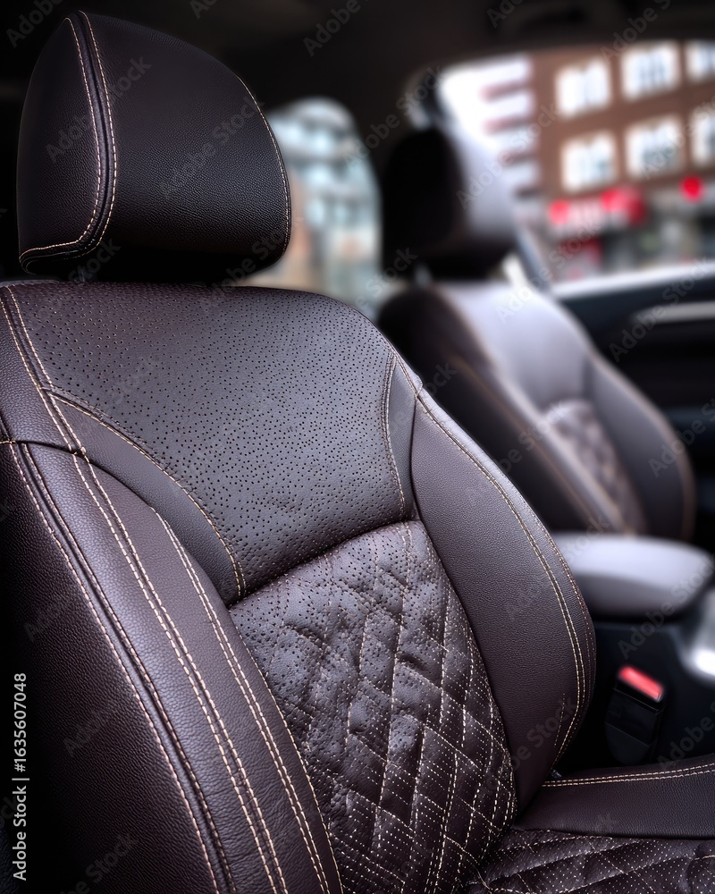 Naklejka premium Close-up of two luxurious brown leather car seats with diamond stitching