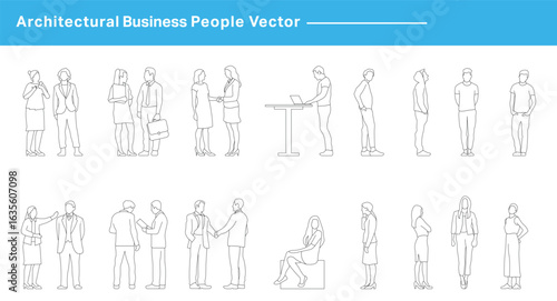CAD Drawings. Set business people outlines isolated on white background. Walking, standing, talking etc. Vector illustration.	