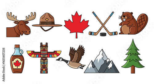 Canada icons moose with maple, mountain, and beaver.