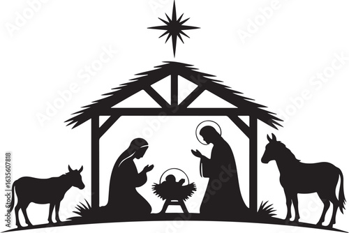 Vector Clip Art of Holy Night Characters in a True Story Nativity Scene Silhouette, representing Holidays Christmas and Religion in a Cut File Design