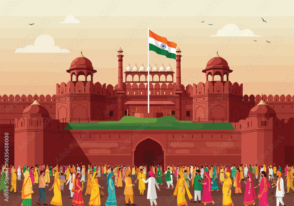 Obraz premium Vibrant illustration of a crowd celebrating at the historic Red Fort in Delhi with the Indian flag waving.
