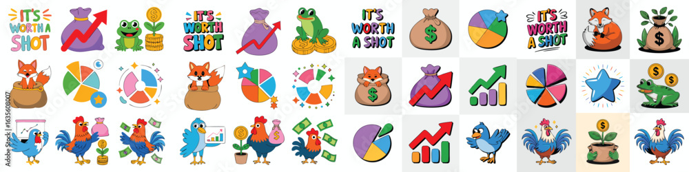 Fototapeta premium Cartoon Stickers Featuring Financial Growth, Animals, Money Bags, Charts, Rooster, Bird, Frog, and It's Worth a Shot