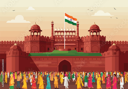 Vibrant illustration of a crowd celebrating at the historic Red Fort in Delhi with the Indian flag waving.