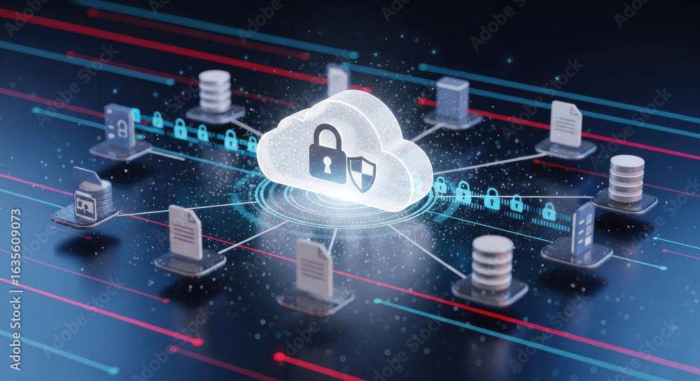 Fototapeta premium Cloud security data protection network digital lock secure storage futuristic technology cyber defense encrypted information glowing cloud safe database privacy concept