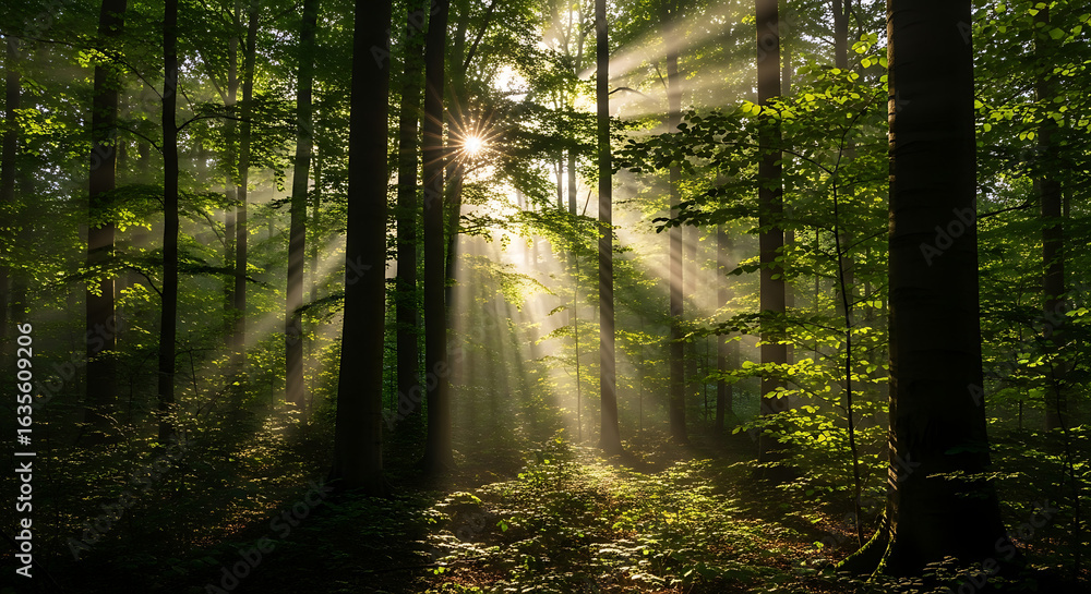 Obraz premium Sunlight streaming through trees illuminating a dense green forest with lush foliage and a vibrant atmosphere