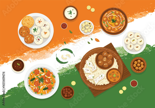 A colorful assortment of traditional Indian dishes including thali curry rice and sweets arranged in a flat lay style.