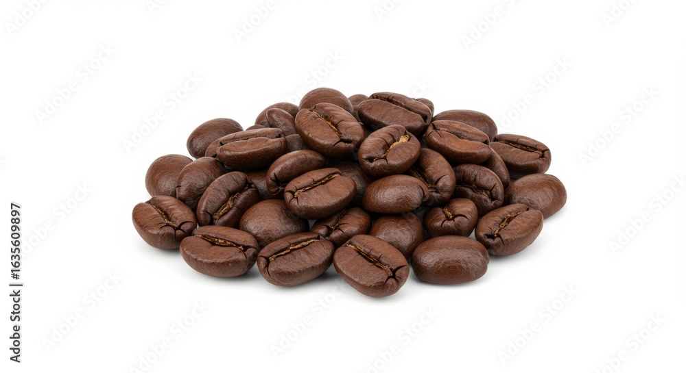 Naklejka premium A pile of roasted coffee beans on white background.