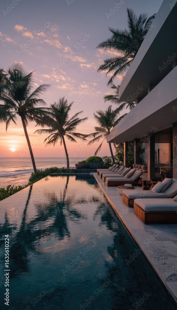 Fototapeta premium Sunset view of a modern beachfront villa