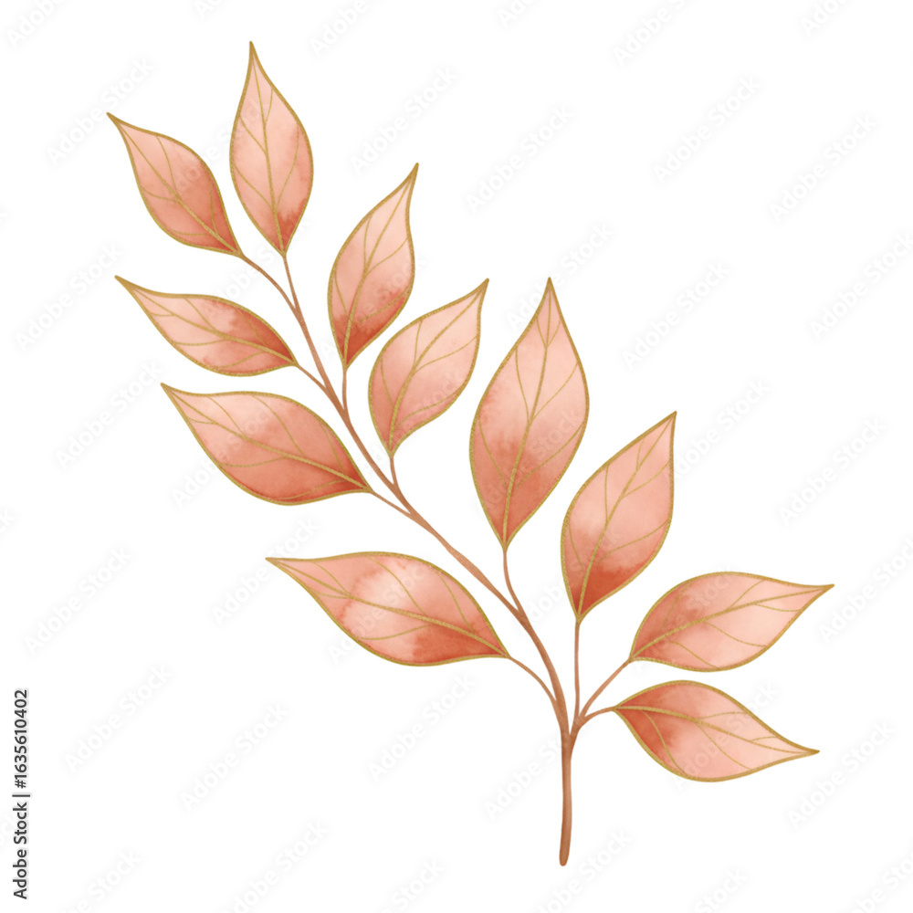 Watercolor Illustration of Pink Leaves on Golden Branch Isolated on Transparent Background Watercolor Illustration of Pink Leaves on Golden Branch Isolated on Transparent Background