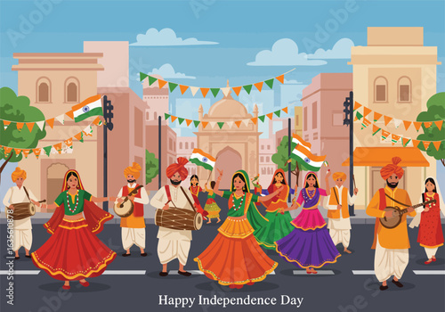 Joyful Indian men and women in vibrant traditional costumes dancing and playing instruments during a festive parade.