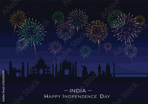 Colorful fireworks display over a silhouette of Indian landmarks for Independence Day celebration.