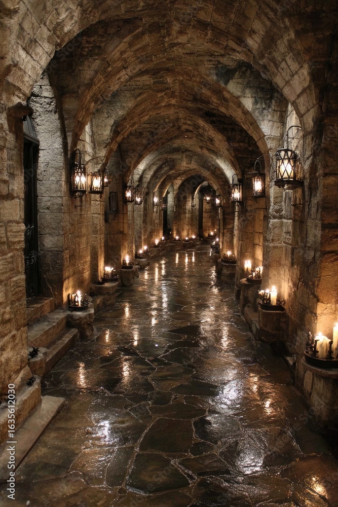Fototapeta premium Stone corridor lit by candlelight, arched ceiling, reflective floor