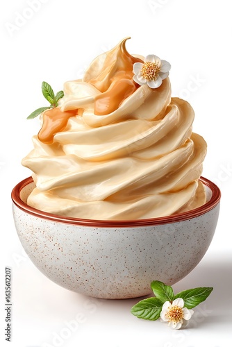 Creamy Custard Dessert in a Speckled Bowl with Caramel and Flowers