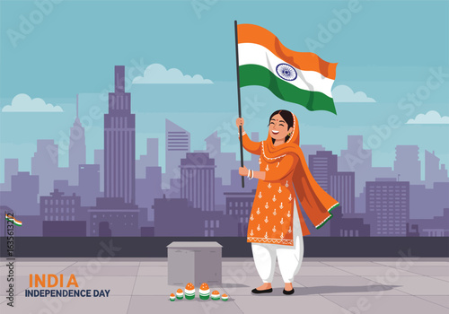 Joyful Indian woman in a traditional orange salwar kameez proudly holding the national flag.