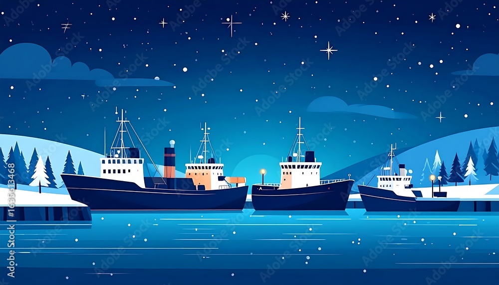 Obraz premium Several cargo ships at night in a snowy harbor.