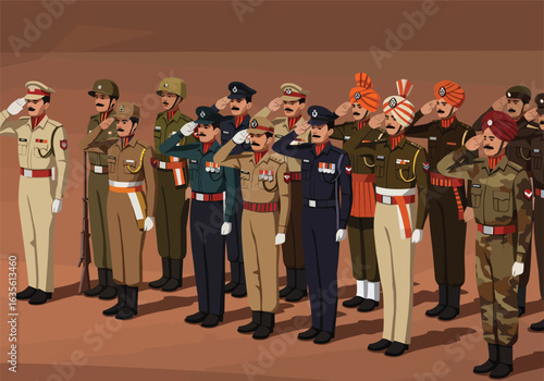 Indian armed forces and police officers in diverse uniforms saluting during a solemn ceremony.