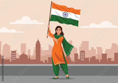 Young Woman in Orange and Green Salwar Kameez Holding Indian Flag.
