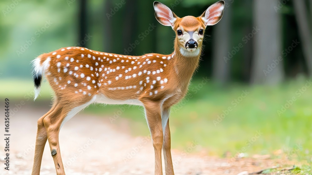 Obraz premium An adorable white-tailed deer fawn stands on a natural trail in a lush green forest, its spotted coat contrasting beautifully against the earthy tones of the path and surrounding