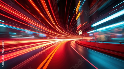 Streaking red and blue light trails in a futuristic cityscape at night