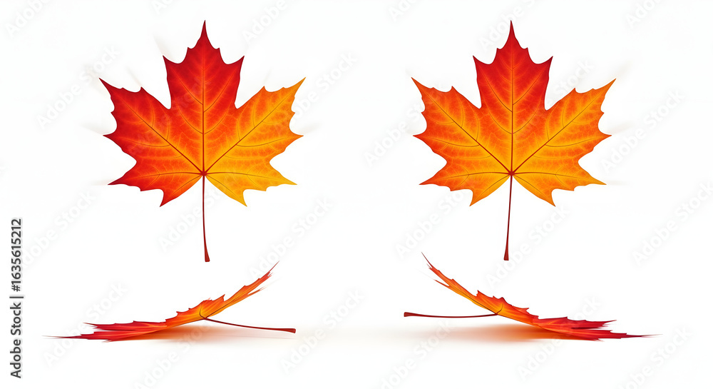 Fototapeta premium mapel leaf, seasons of stylized maple leaves in autumn colors with reflections on white.