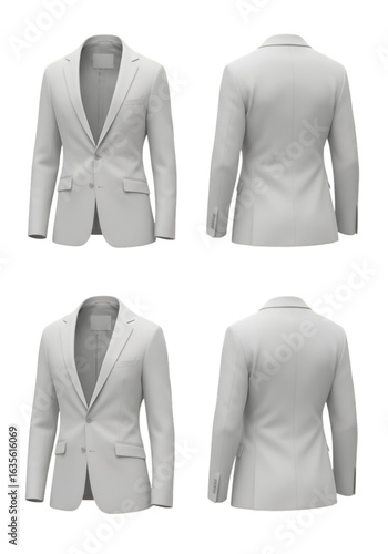 White Blazer 3D Rendered Isolated on Black Background, Front and Back View, Fashion Illustration