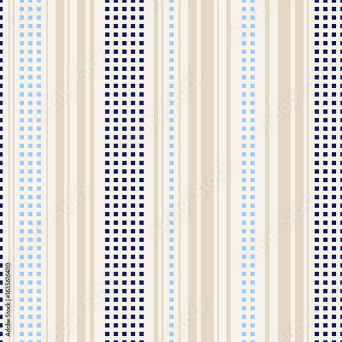 Seamless stripe pattern with vertical bands in beige, light blue, and dark blue, featuring rows of small squares. Modern and textured linear design. Vector abstract geometric stripes dots pattern.