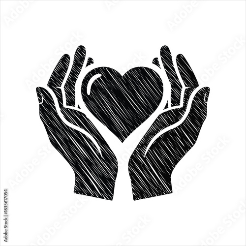 Black hands cupping a heart with scratchy texture on white background holding love