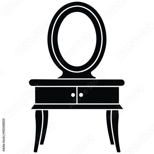 Black and White Silhouette of Vanity Table with Oval Mirror and Drawers