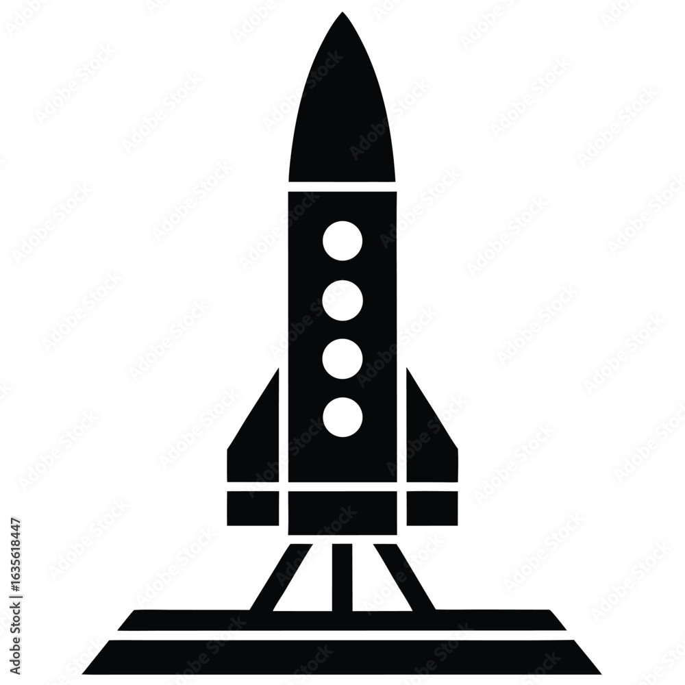 Fototapeta premium Black Rocket Ship Icon with Circles Isolated on a White Background
