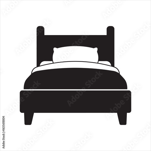 Black silhouette of a bed with white pillow and blanket on white background bedroom furniture