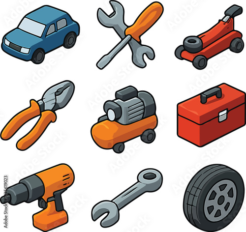 Car with Garage Tools Illustration