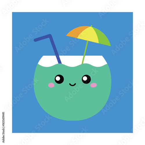 Kawaii Coconut Drink with Umbrella Blue Cheeks and Smile