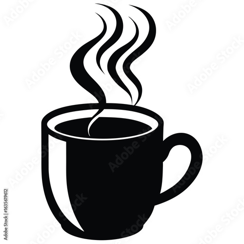 Illustration of a Black Coffee Cup with Rising Steam Isolated on White