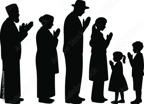 Muslim family praying together, grandparents, parents, children, silhouette style, worship scene, religious unity, Islamic tradition, flat vector illustration