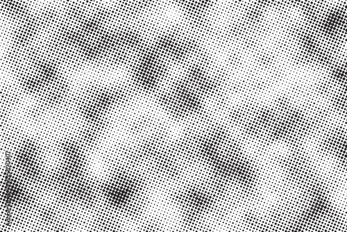 Grunge halftone gradient background. Faded grit noise texture. White and black sand wallpaper. Retro pixelated backdrop. Anime or manga style comic overlay. Vector graphic design textured template