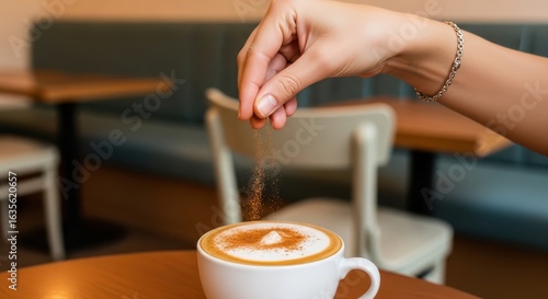 Hand sprinkling cinnamon on a creamy cappuccino in a cafe
