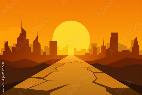 Cracked road leads to city skyline at sunset