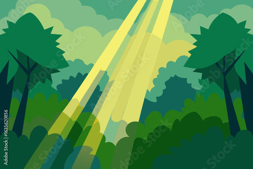 Sunbeams piercing through a lush green forest canopy